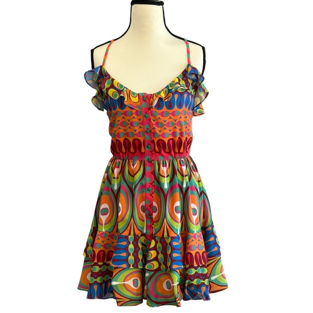 ALEXIS Psychedelic Mod Festival Mini Dress XS Groovy Ruffle Tiered Retro Rave